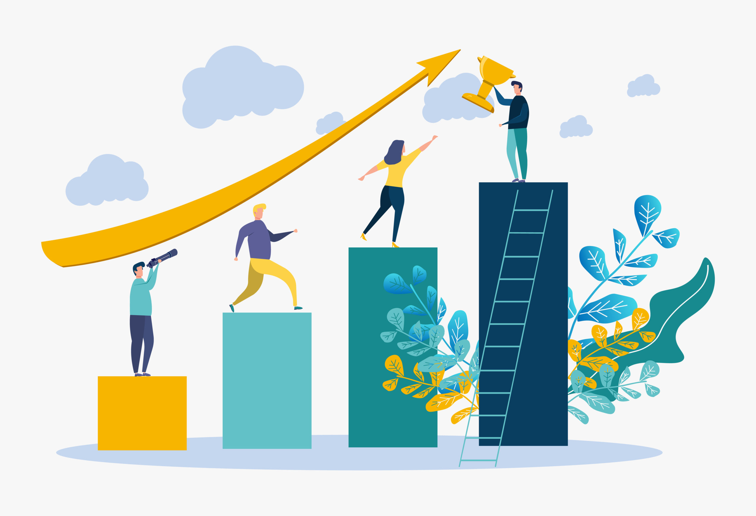 Colorful vector illustration, people run to their goal, move up by motivation, goal achievement, concept of goal achievement in business, winner, victory in the first place, number one.